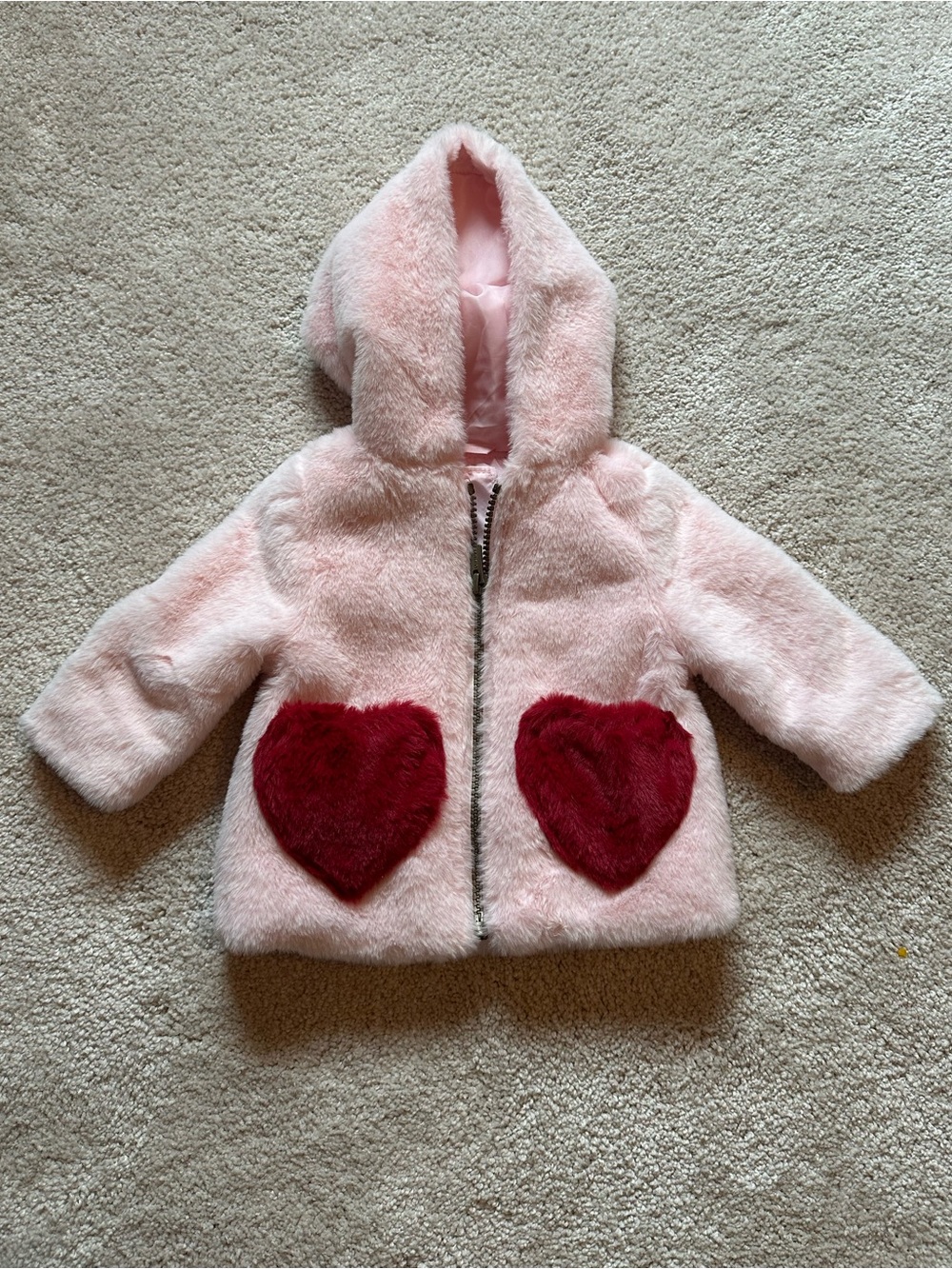Old Navy Pink Faux-Fur Hooded Jacket with Red Heart Pockets 3-6 mo